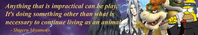 Signature reading "Anything that is impractical can be play. It's doing something other than what is necessary to continue living as an animal." Attributed to Shigeru Miyamoto. To the right of the quote are images of Sephiroth, Bowser, and Homer Simpson dressed up as some Naruto character.